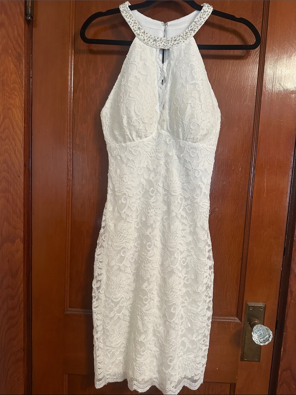Embellished Halter White Lace Mini Dress